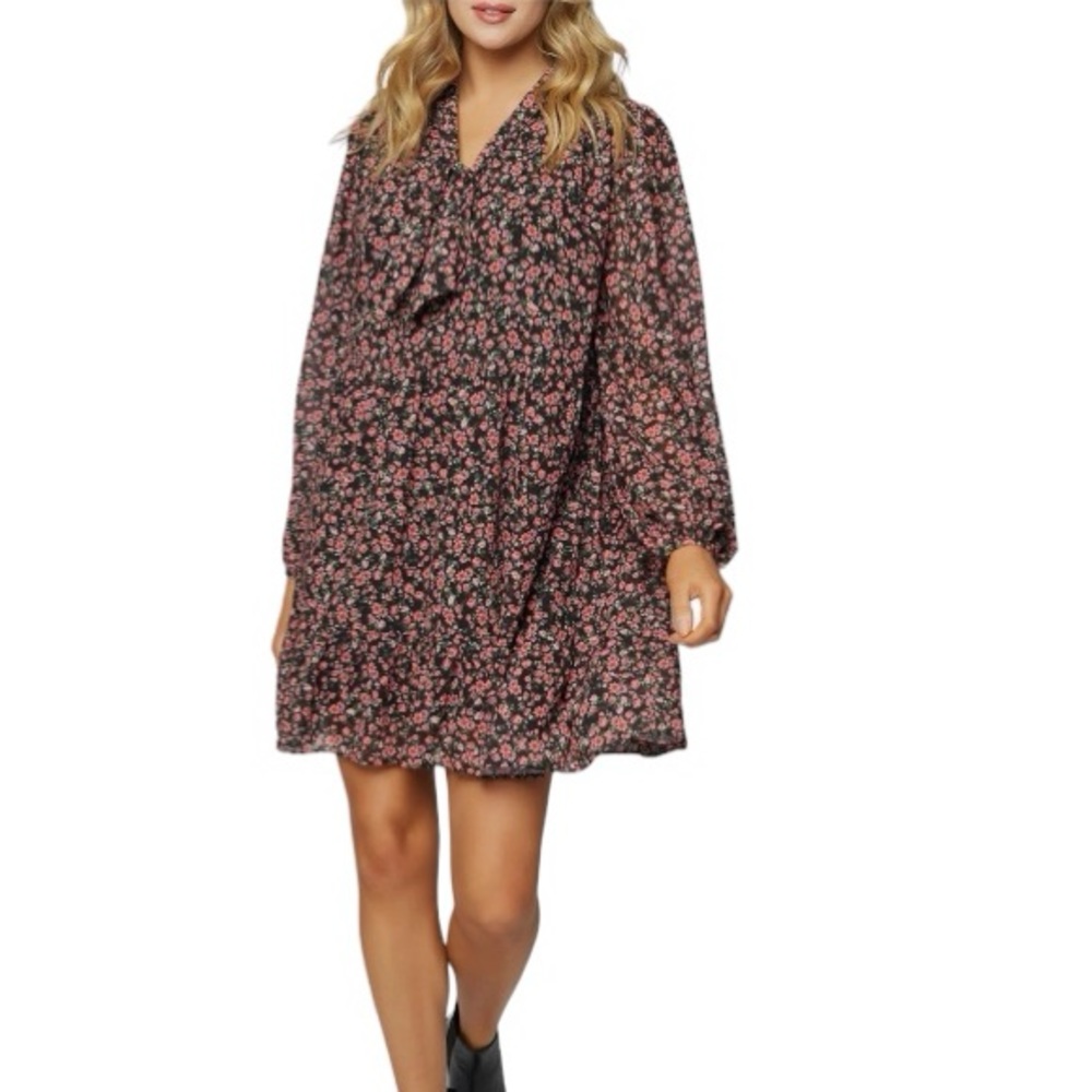 Lost + Wander Rose Garden Tie Neck Long Sleeve Mini Dress Size XL